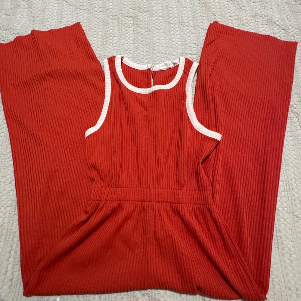 Zara Ribbed Deep Orange Sleeveless Jumpsuit with white piping. 

Size 11/12